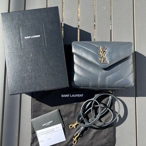 Authentic Saint Laurent Toy Loulou Quilted Grey Leather YSL Crossbody Bag Purse